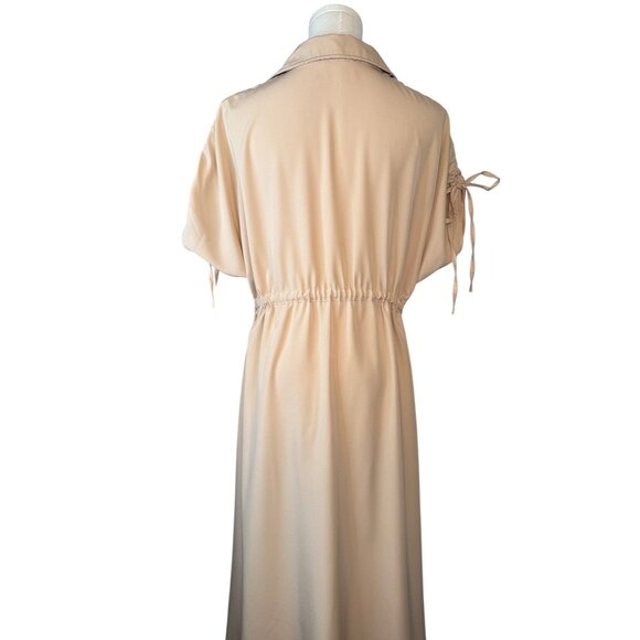 Deli.S Beige Size 8 Button-Down Midi Dress Drawstring Waist & Tie Sleeves - Picture 10 of 16